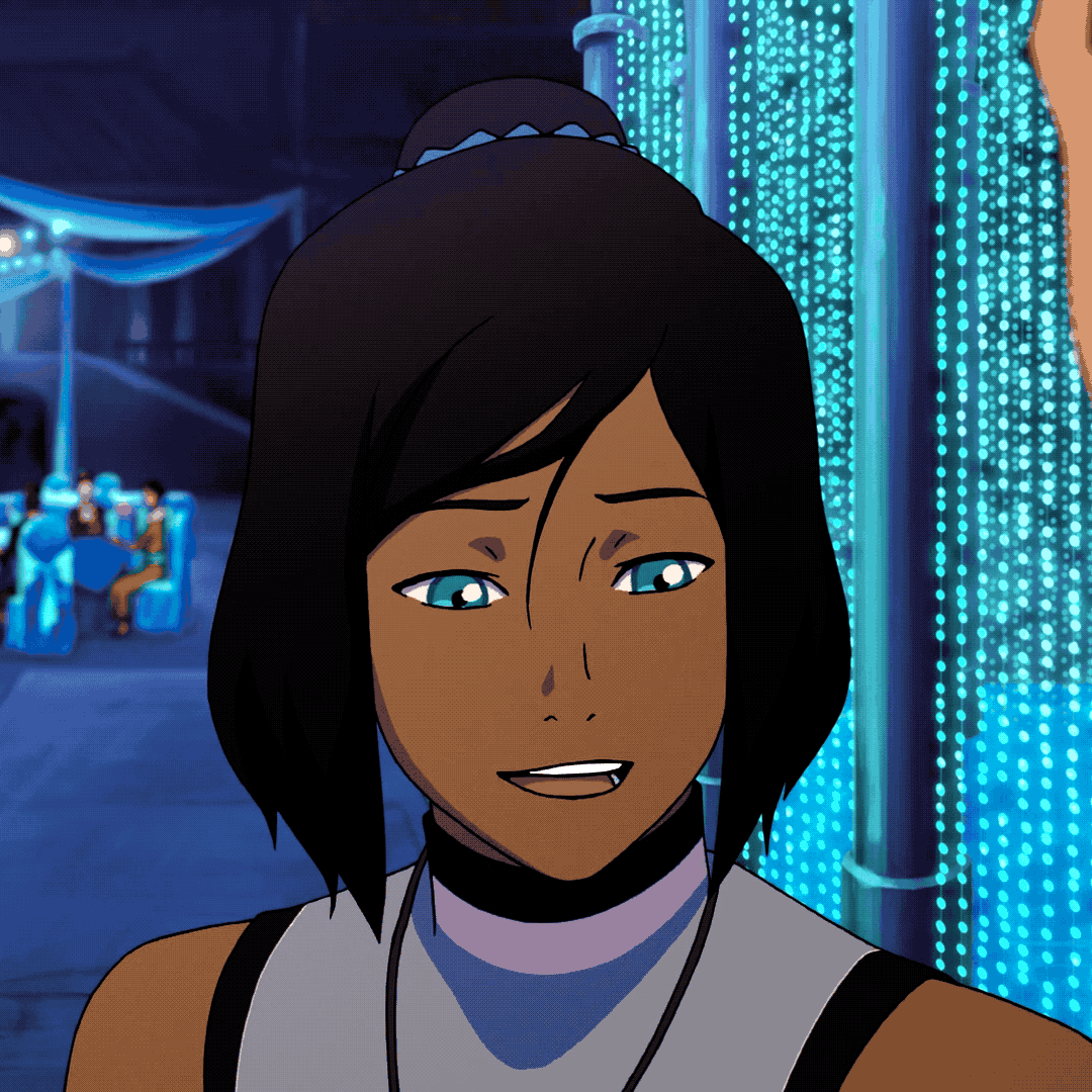 A gif of korra smiling. She is looking to the right.